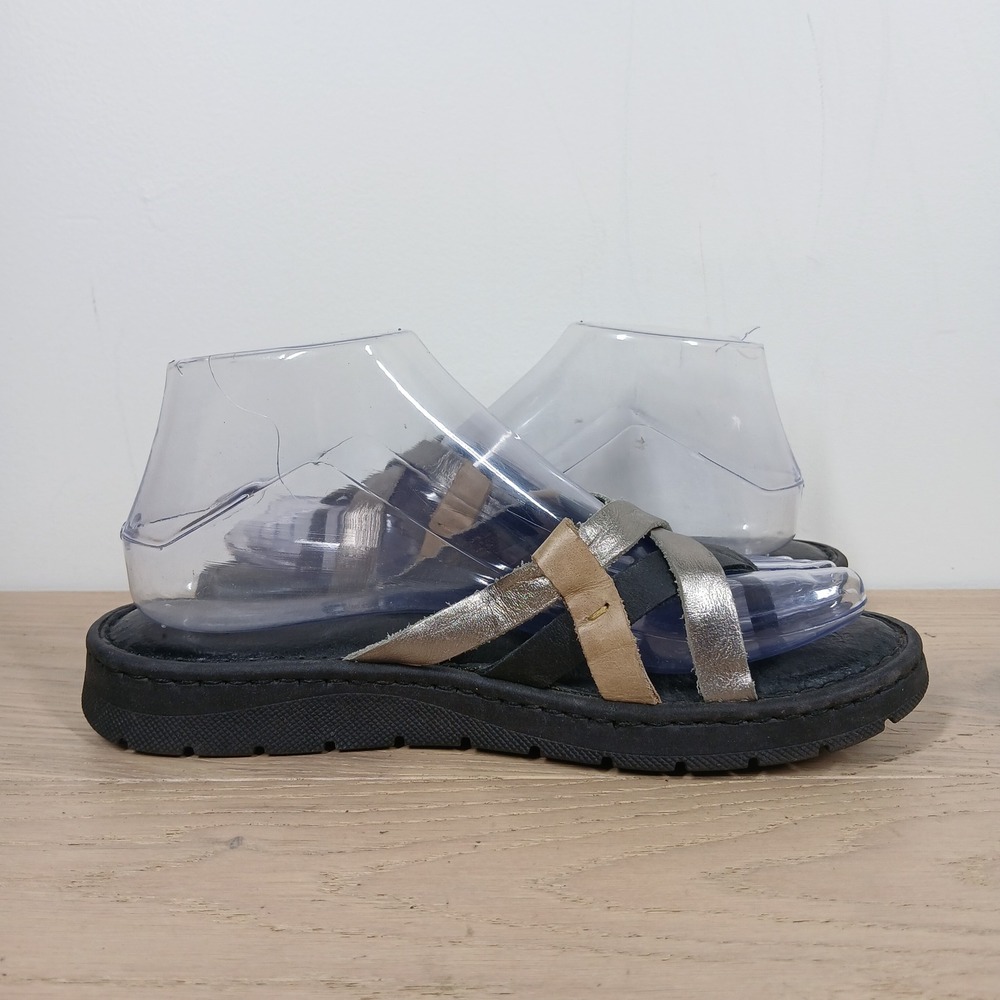 Born Leather Sandals Womens 7/38 Black Silver Tan Multi Strap Comfort Slides - Picture 6 of 11